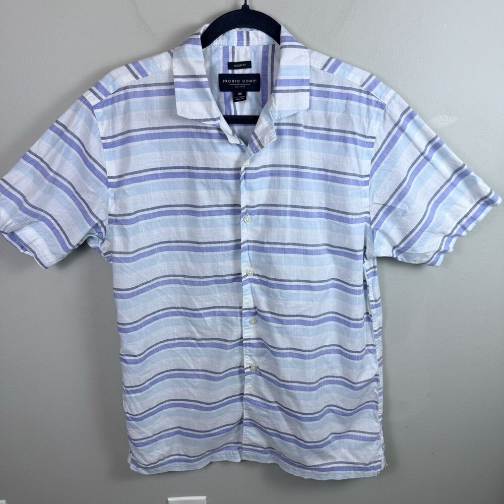 Pronto Uomo Shirt Mens Medium Blue Stripe 100% Cotton Short Sleeve Button Up